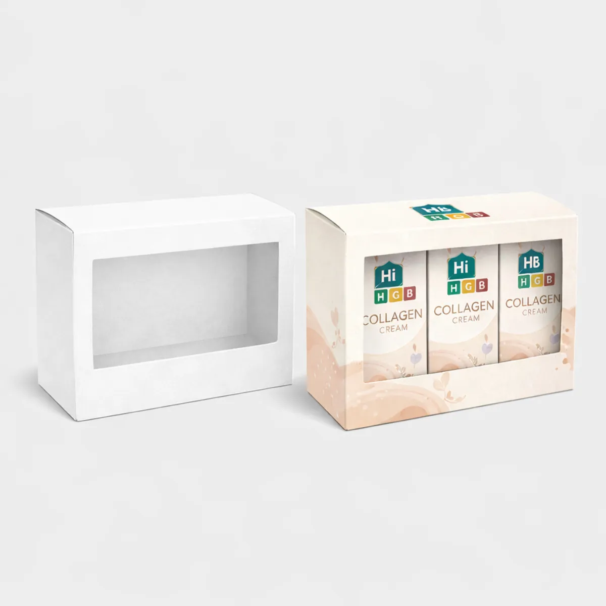 Three elegant white and gold collagen boxes featuring transparent windows to display the product inside- class=